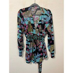 Women Blouse Wearable Art Sz XL Beaded Jewel Tone Blouse with Tie Waist